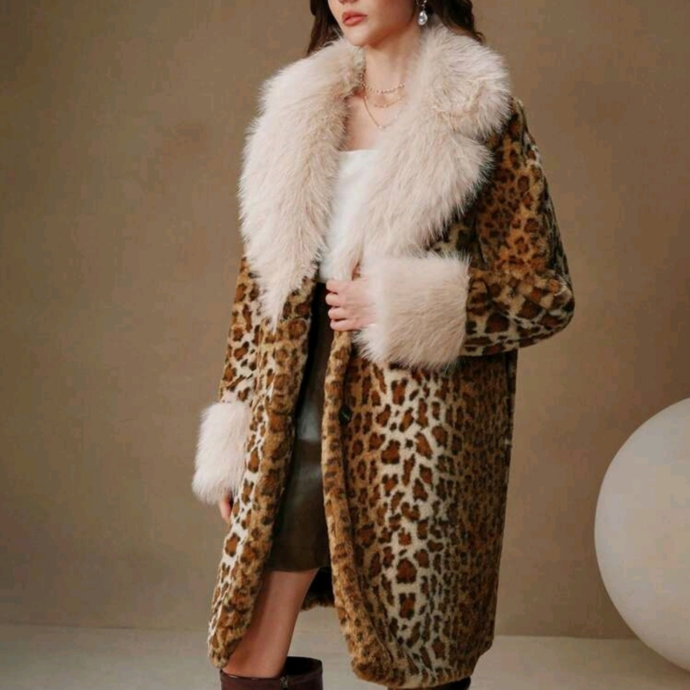 Faux Fur Leopard Print Fluffy Trim A-Line Waist Long Women's Coat - Picture 1 of 9